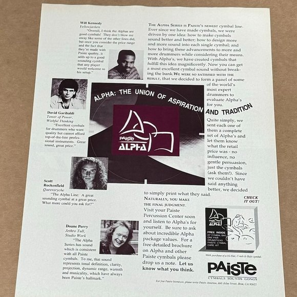 ROCKENFIELD / GARIBALDI / WILL KENNEDY / PERRY - PAISTE CYMBALS - 1993 Print Ad - Picture 1 of 1